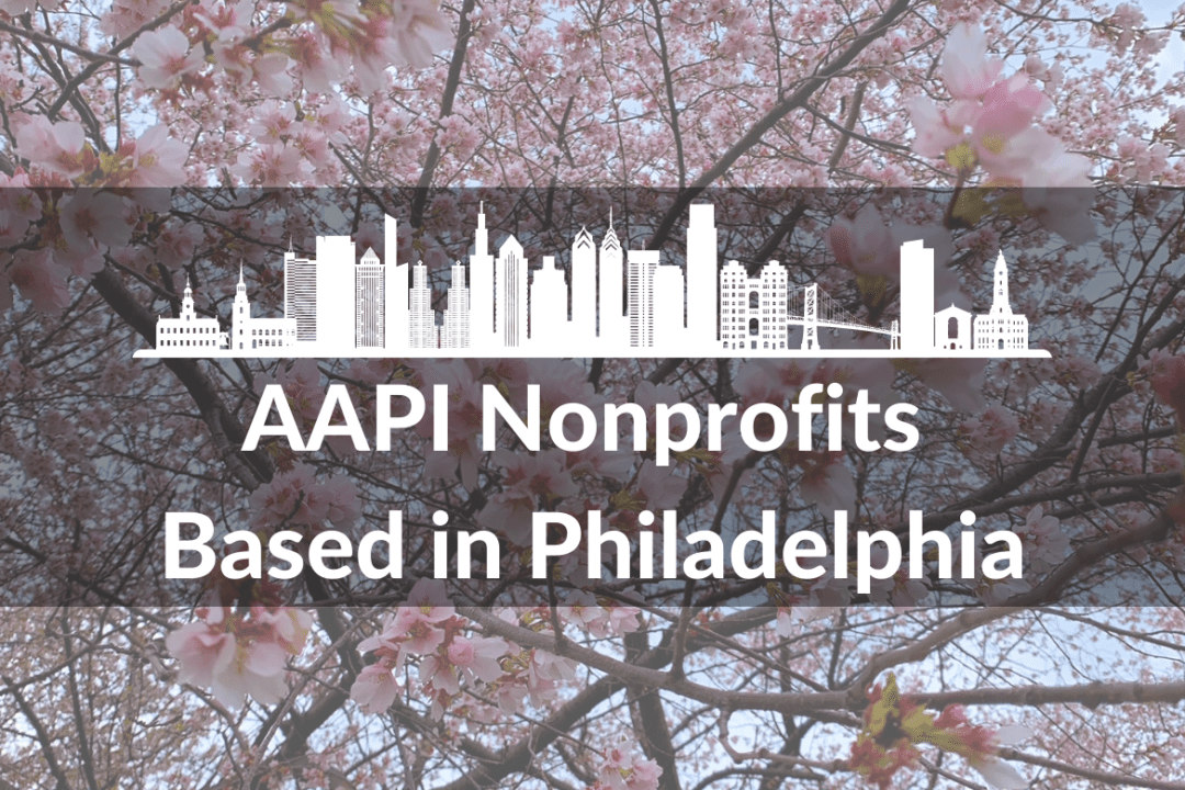 A close-up of cherry blossom trees from West Philadelphia. In the foreground, there is a white graphic of a Philadelphia cityscape. Below the graphic are the words AAPI Nonprofits Based in Philadelphia.