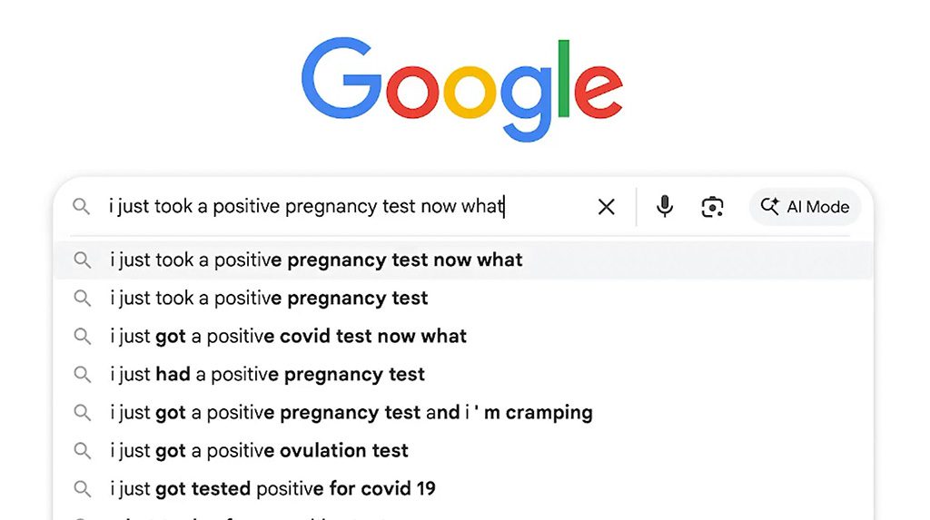 A screenshot of the Google search homepage with the search box showing the typed query "i just took a positive pregnancy test now what" and autocomplete suggestions